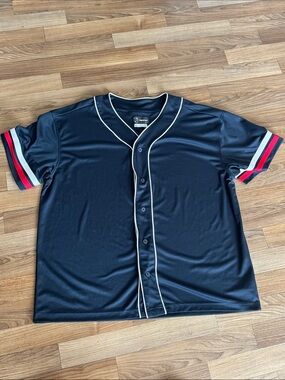 Original Use Black Baseball Jersey with Red and White Sleeve Stripes